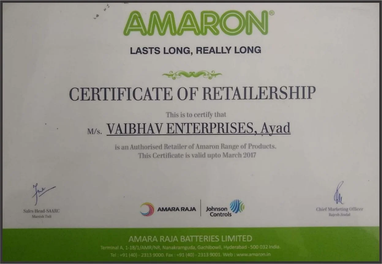 Inverter dealer in Udaipur, Amaron certificate